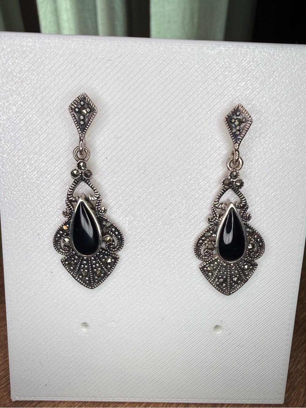 Vintage Marsala Signed Sterling Silver 925 Marcasite Black Onyx Drop Earrings